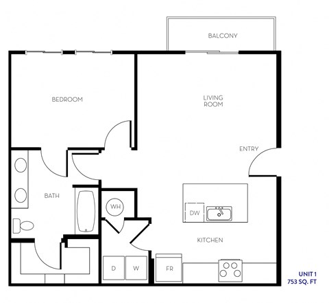 Floor plan for 1 bed, 1 bath, 753 sqft